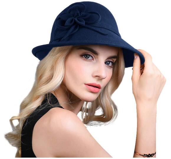 9740 Elegant Flower Wool Cloche Bucket Bowler Hat,Navy main image 5
